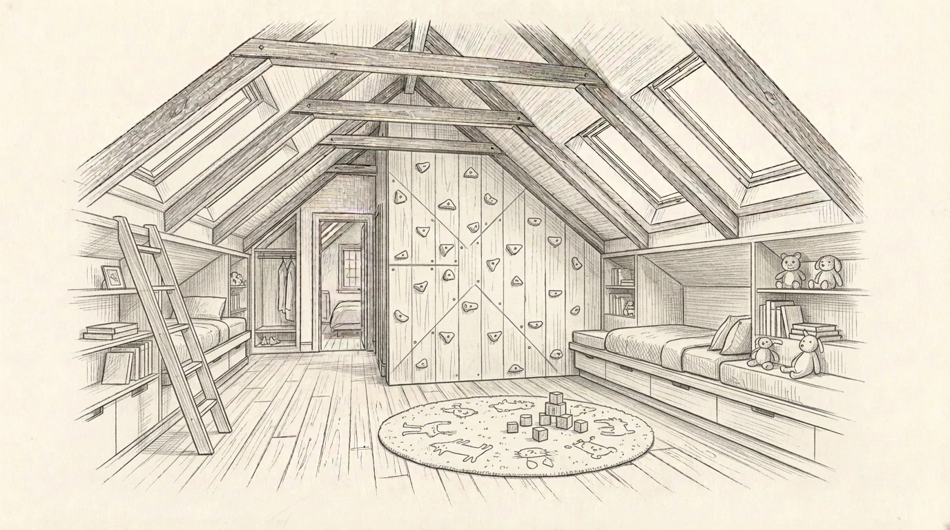 Centretown kids bedrooms play loft attic Ottawa, pencil sketch