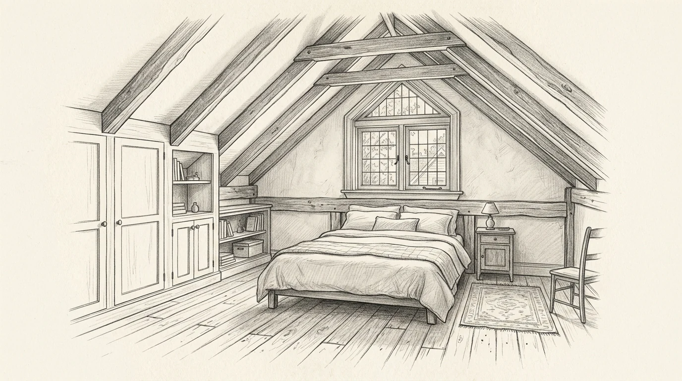 Glebe heritage attic loft bedroom Ottawa, pencil sketch
