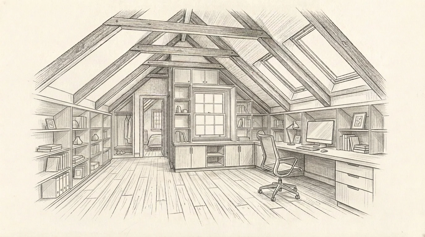 Hintonburg attic home office Ottawa, pencil sketch