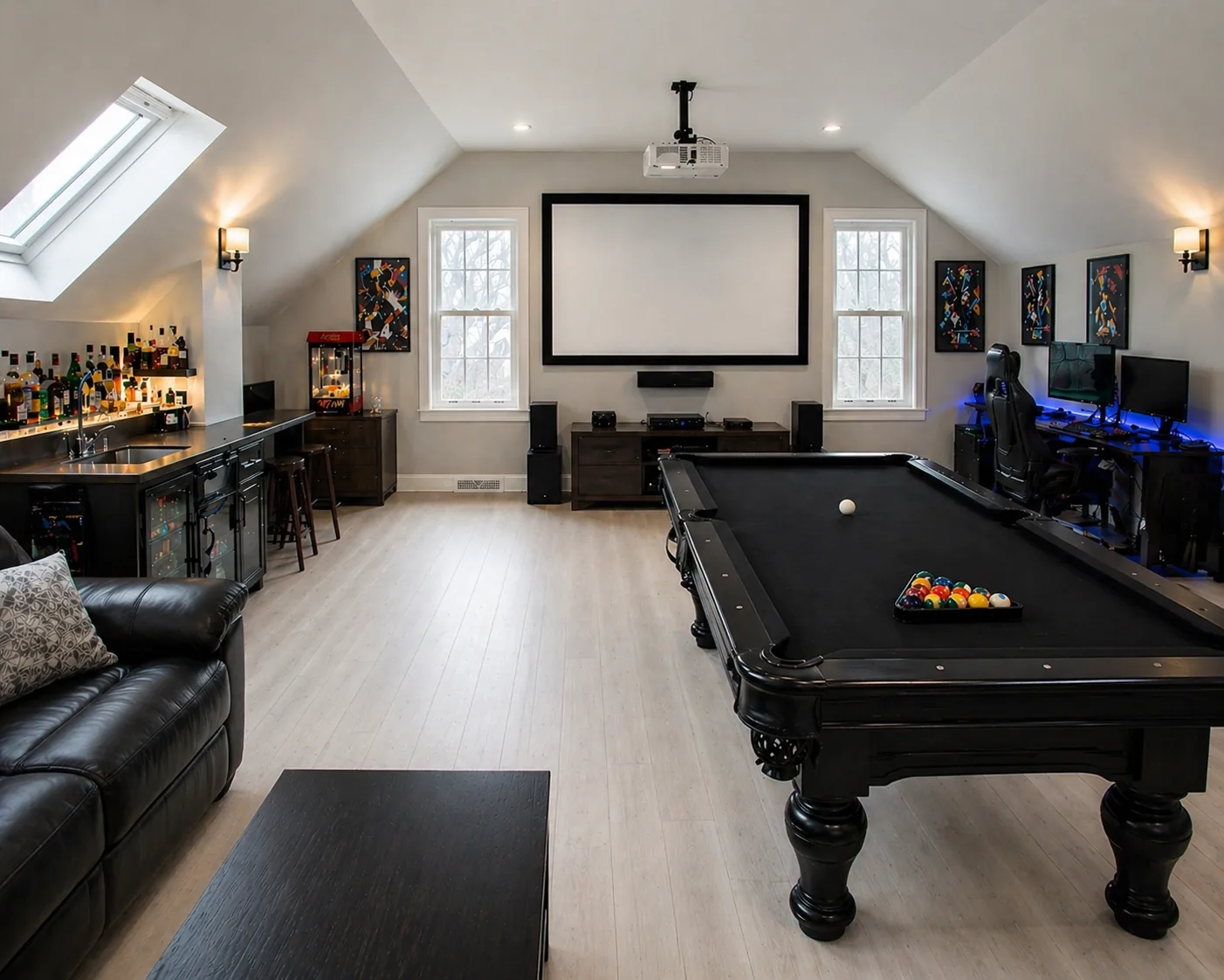 Attic game room Ottawa with pool table and projector setup