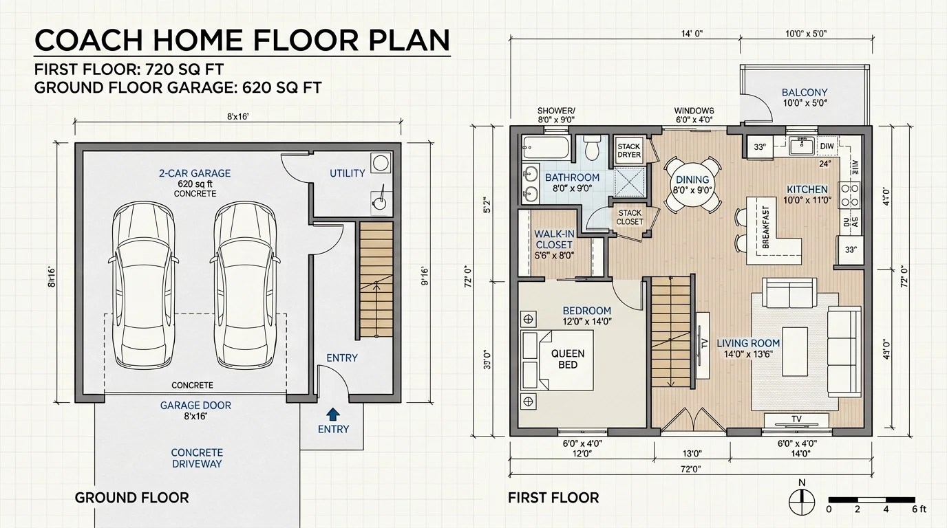 Coach home floor plan — 720 sq ft first floor with 620 sq ft ground-floor garage, Ottawa
