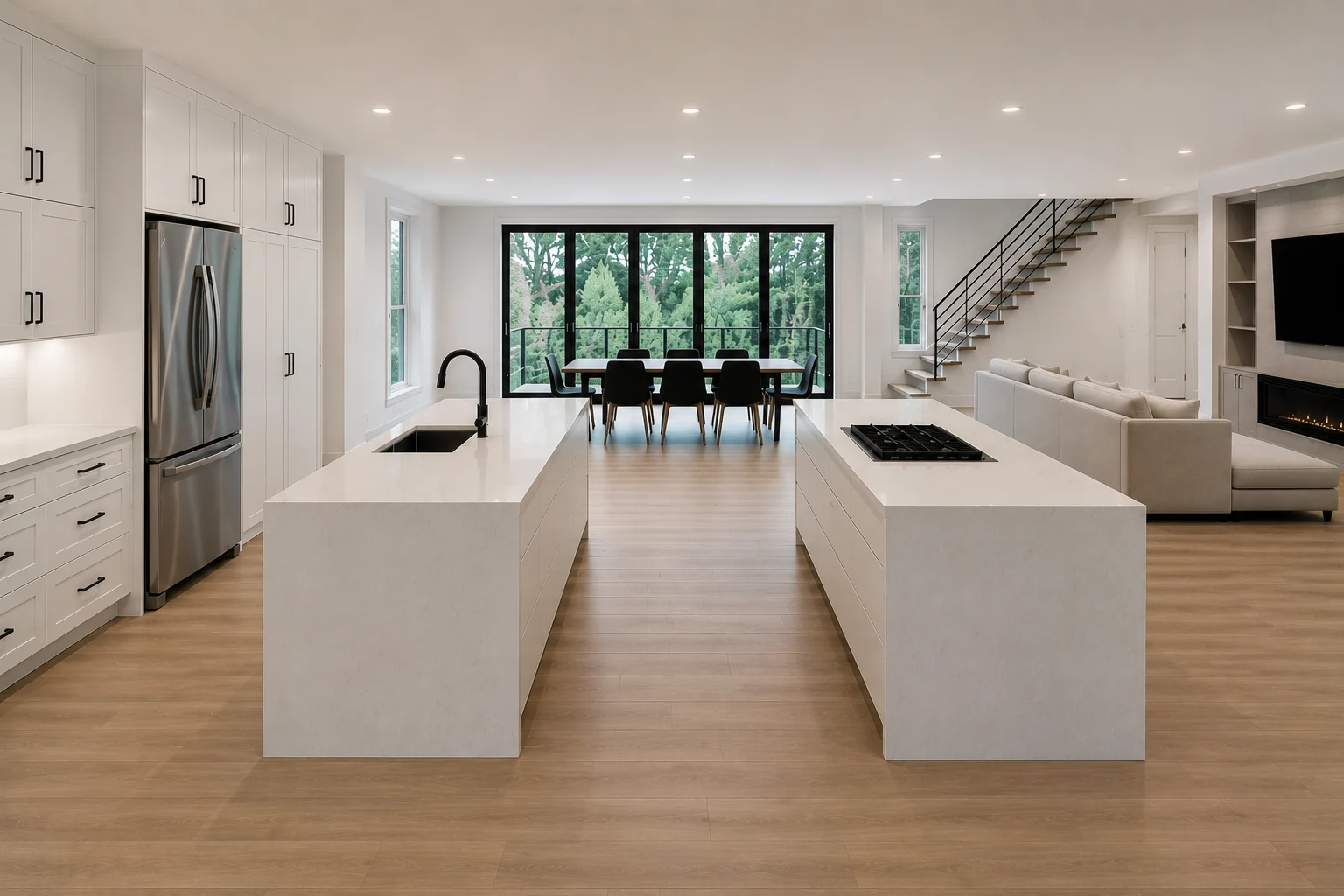 Ottawa open-concept kitchen renovation with twin white islands and dining area by Dream Touch Renovations