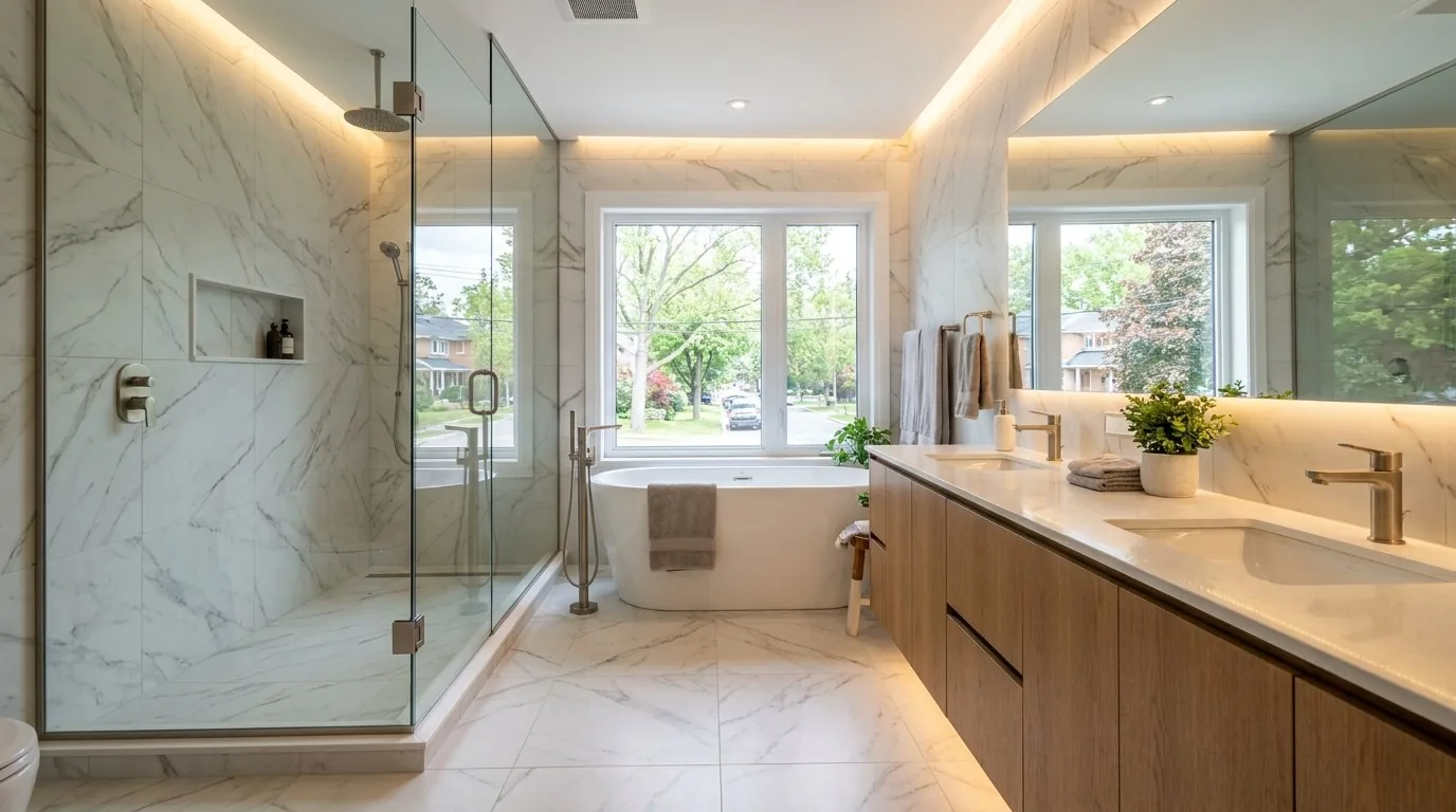 Spa-like primary bathroom renovation before and after in Ottawa by Dream Touch Renovations