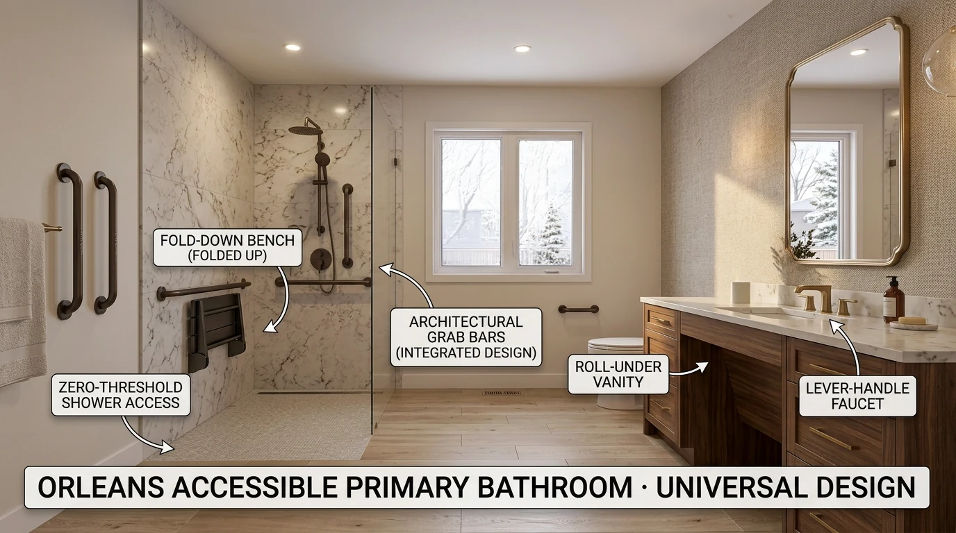 Orléans accessible primary bathroom with zero-threshold shower, grab bars and roll-under vanity by Dream Touch Renovations