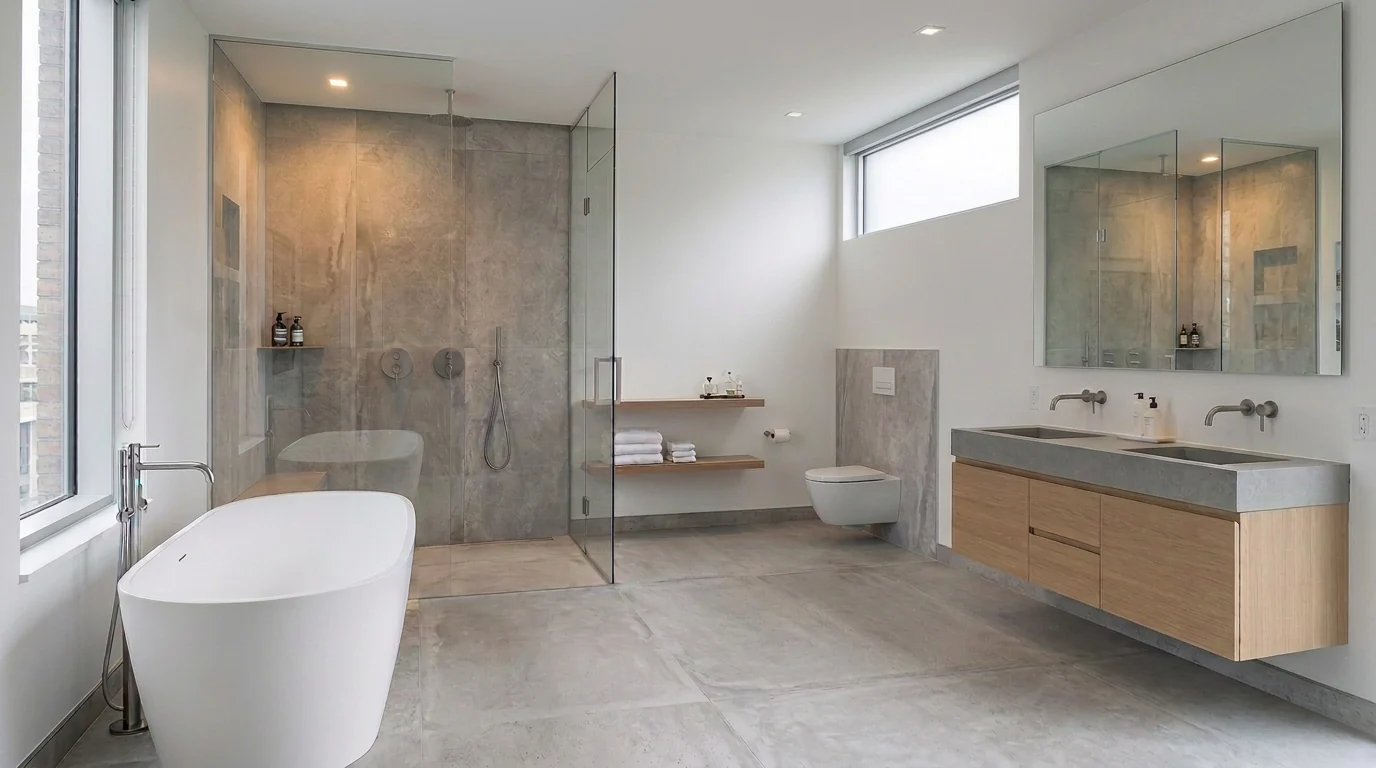 Primary ensuite bathroom Ottawa Barrhaven — freestanding tub and glass walk-in shower