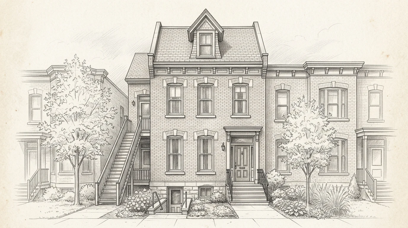 Centretown brick row-home triplex conversion Ottawa, pencil sketch