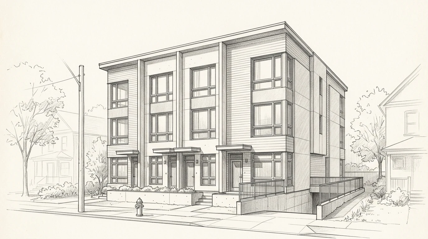 Mechanicsville modern urban infill fourplex Ottawa, pencil sketch