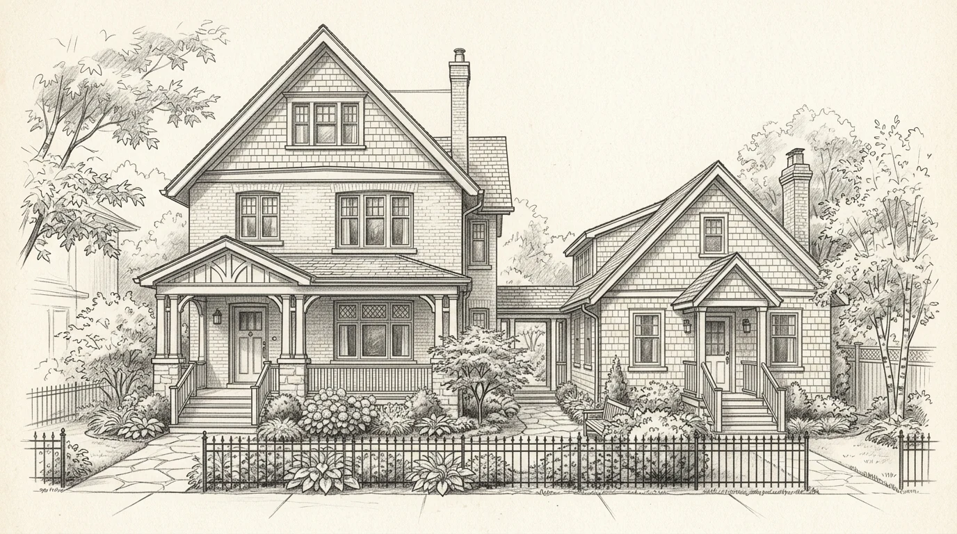 Old Ottawa South multi-generational home family compound, pencil sketch