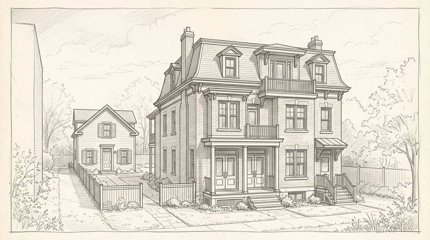 Vanier fourplex, triplex plus backyard coach home Ottawa, pencil sketch