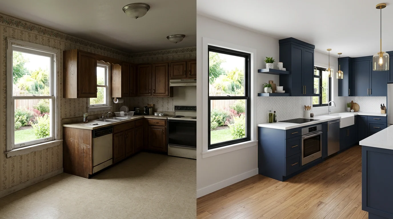 Before-and-after 3D kitchen renovation rendering by Dream Touch Renovations Ottawa