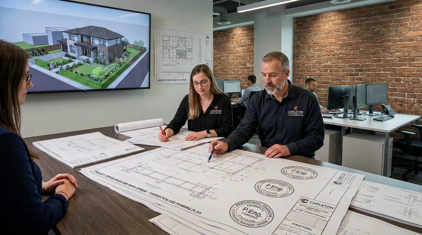 Structural engineers reviewing P.Eng-sealed drawings for an Ottawa home build