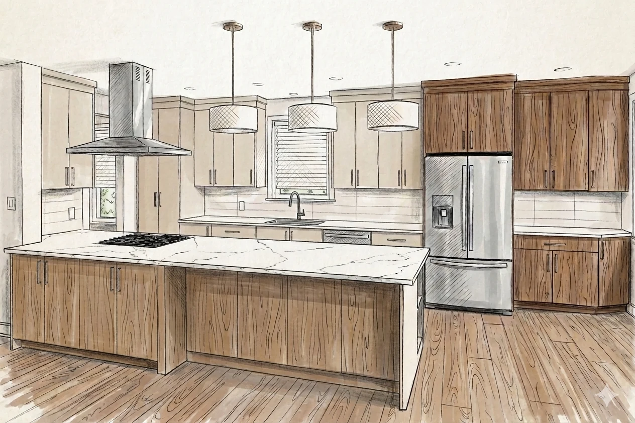 Hand-rendered concept sketch of an Ottawa kitchen renovation
