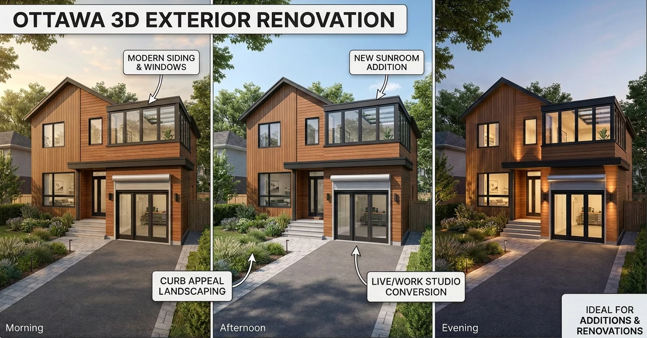 3D exterior renovation rendering of an Ottawa home at morning, afternoon and evening by Dream Touch Renovations
