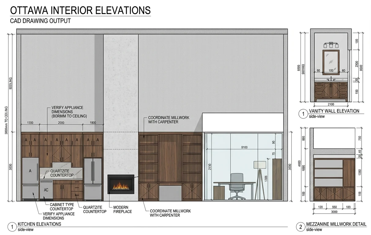 Interior elevation CAD drawing of kitchen cabinetry and millwork by Dream Touch Renovations Ottawa