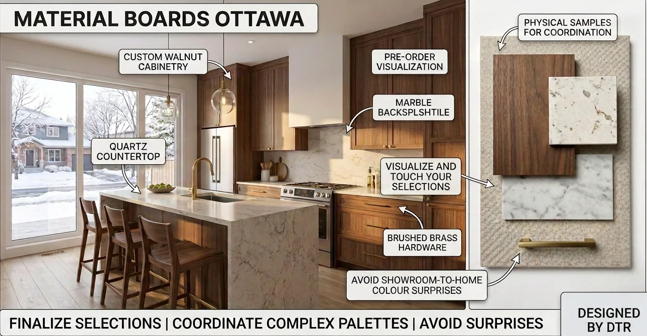 Material selection board pairing walnut, quartz and marble samples with a rendered kitchen by Dream Touch Renovations Ottawa