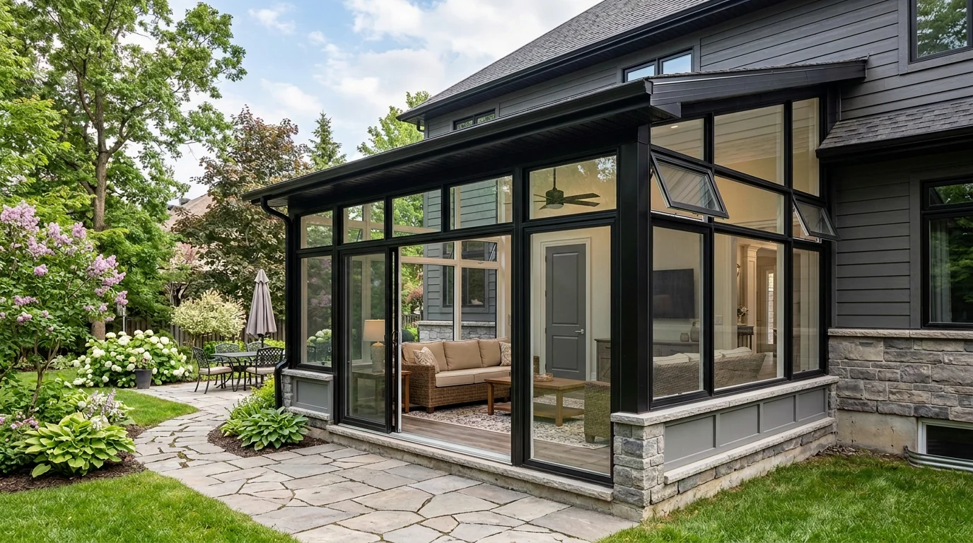 Studio three-season sunroom Ottawa Kanata summer golden hour